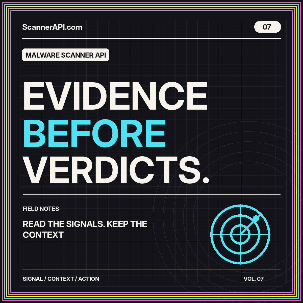 Malware Scanner API typography card: Evidence Before Verdicts.
